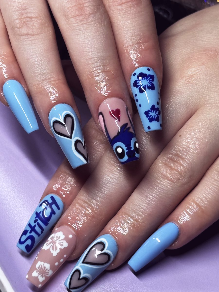 Long blue coffin set with hearts, flowers and character art